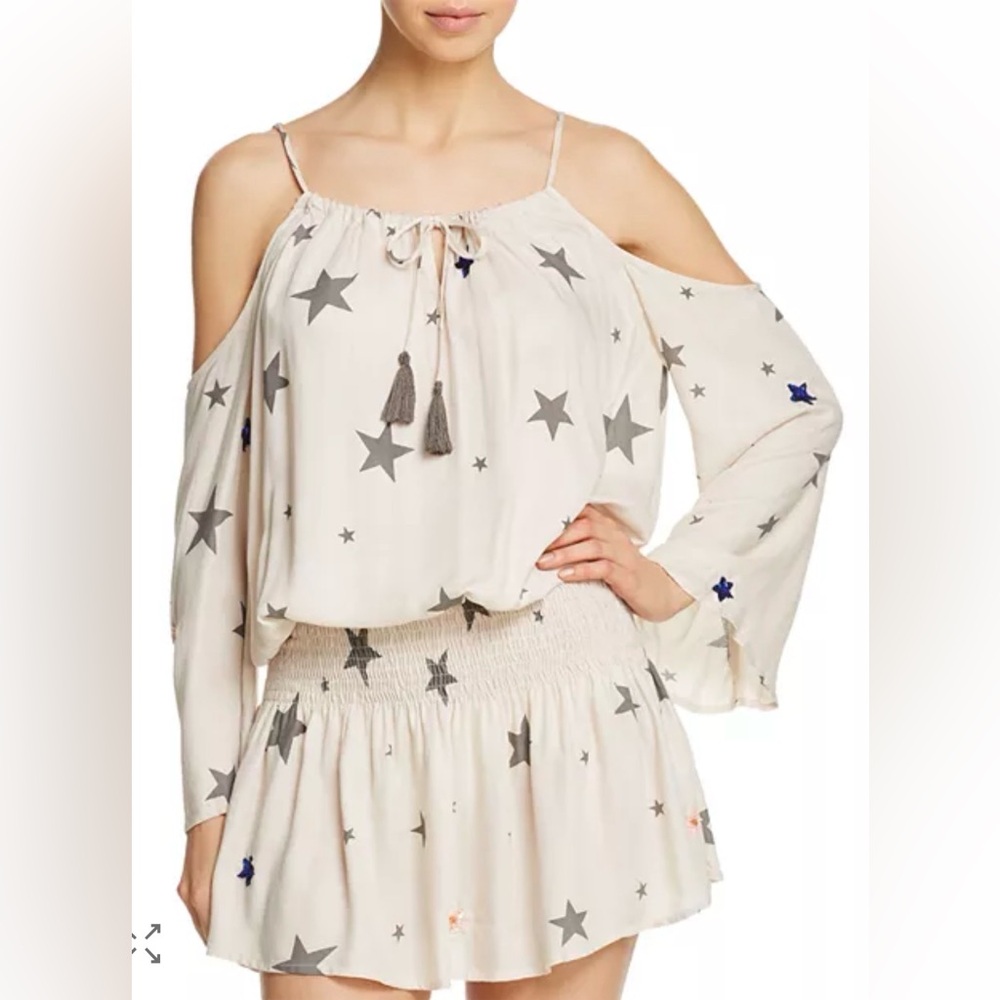 Surf‎ Gypsy Star Print White Blue Cold Shoulder Tassel Mini Dress Boho Festival